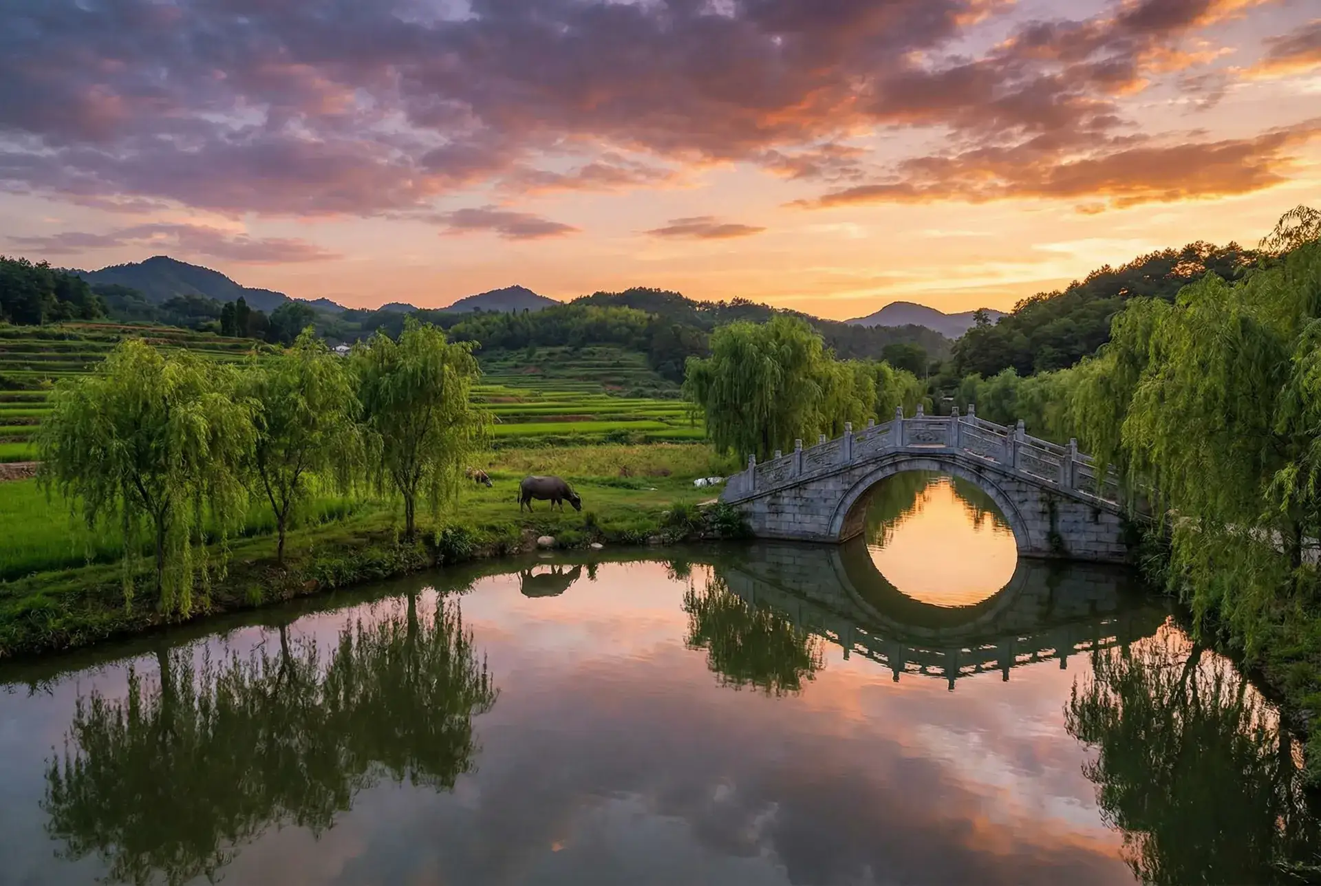 夕阳下的石拱桥与垂柳，水牛在河边吃草 - 性虎导航 乡村美景